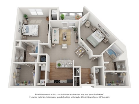 Floor plan for 2 beds, 2 baths, 1147 sqft
